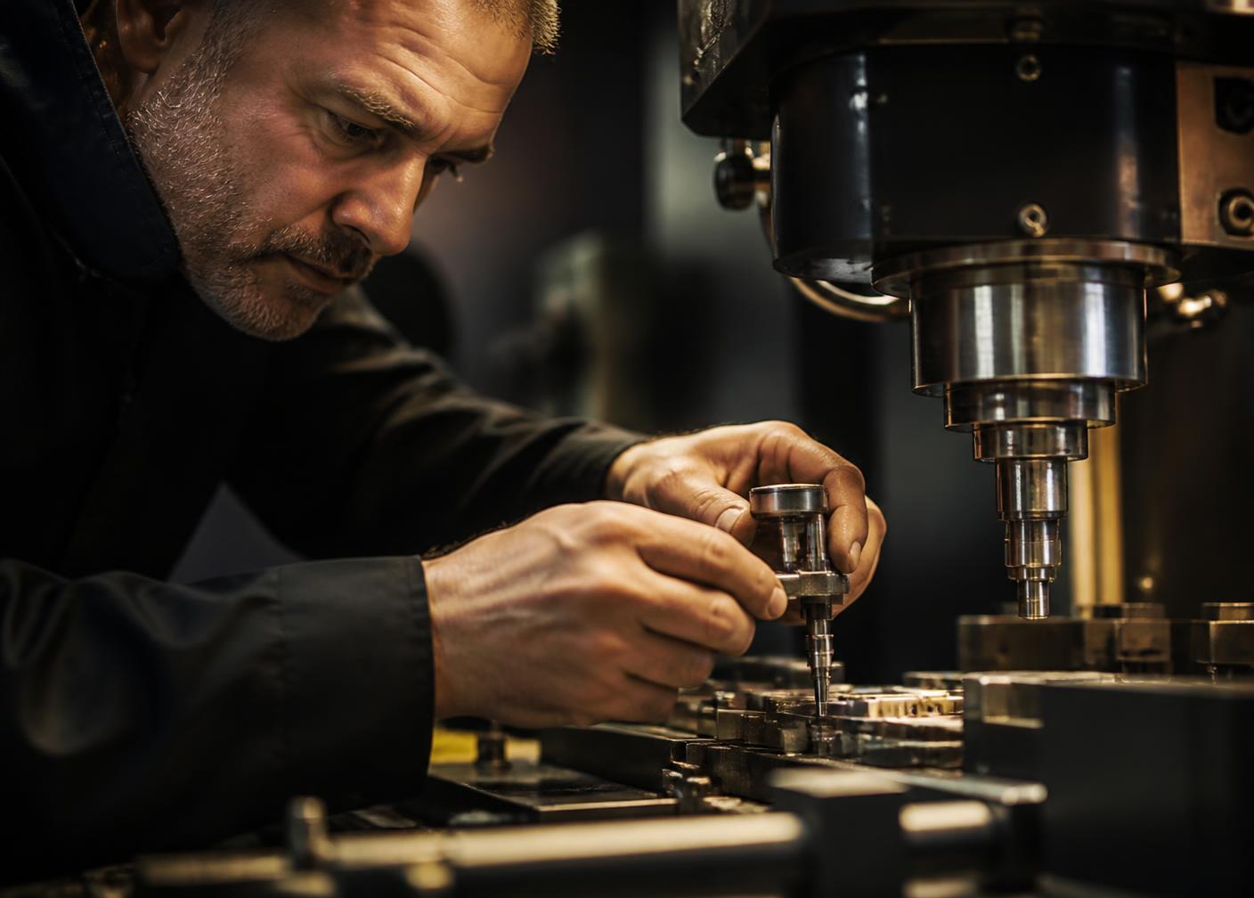 Técnico calibrando una máquina de control numérico en un taller industrial